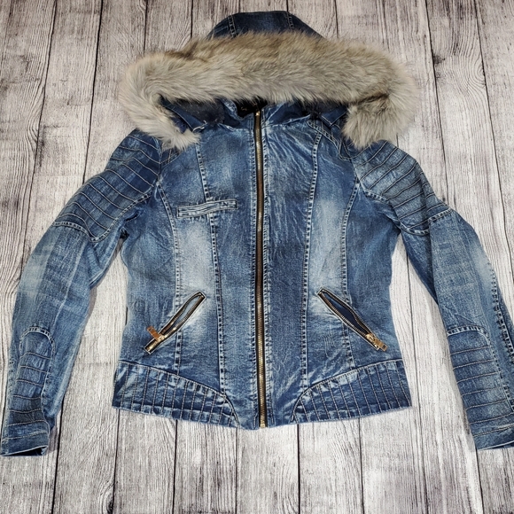 La coalition Jackets & Blazers - Denim jacket with faux fur hood. Preowned.S.